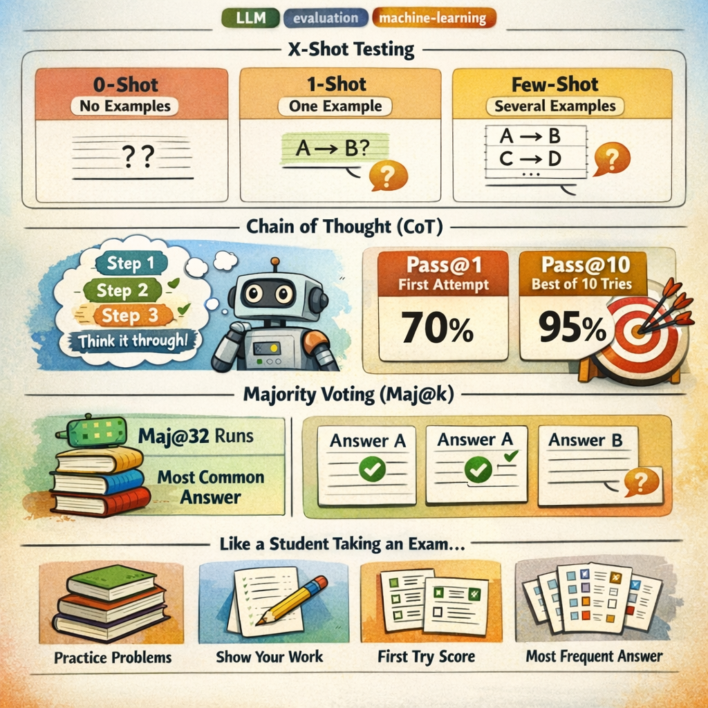 Concetti di valutazione LLM: x-shot testing, Chain of Thought, Pass@k e Majority Voting